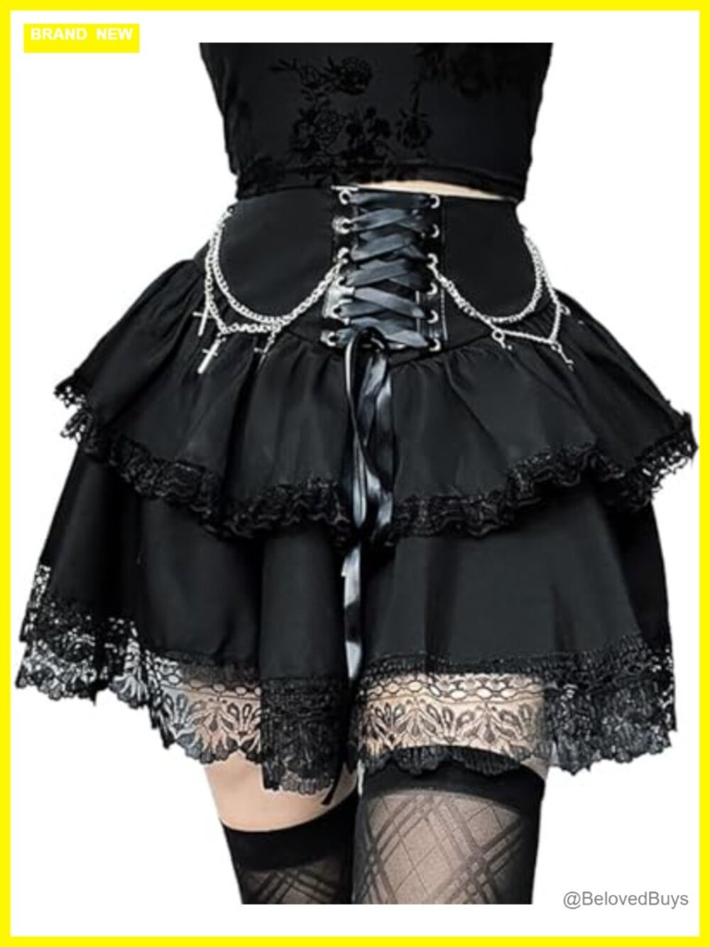 Goth Y2K Plaid Mini Skirt Tie Waist Lace Ruffles A-Line